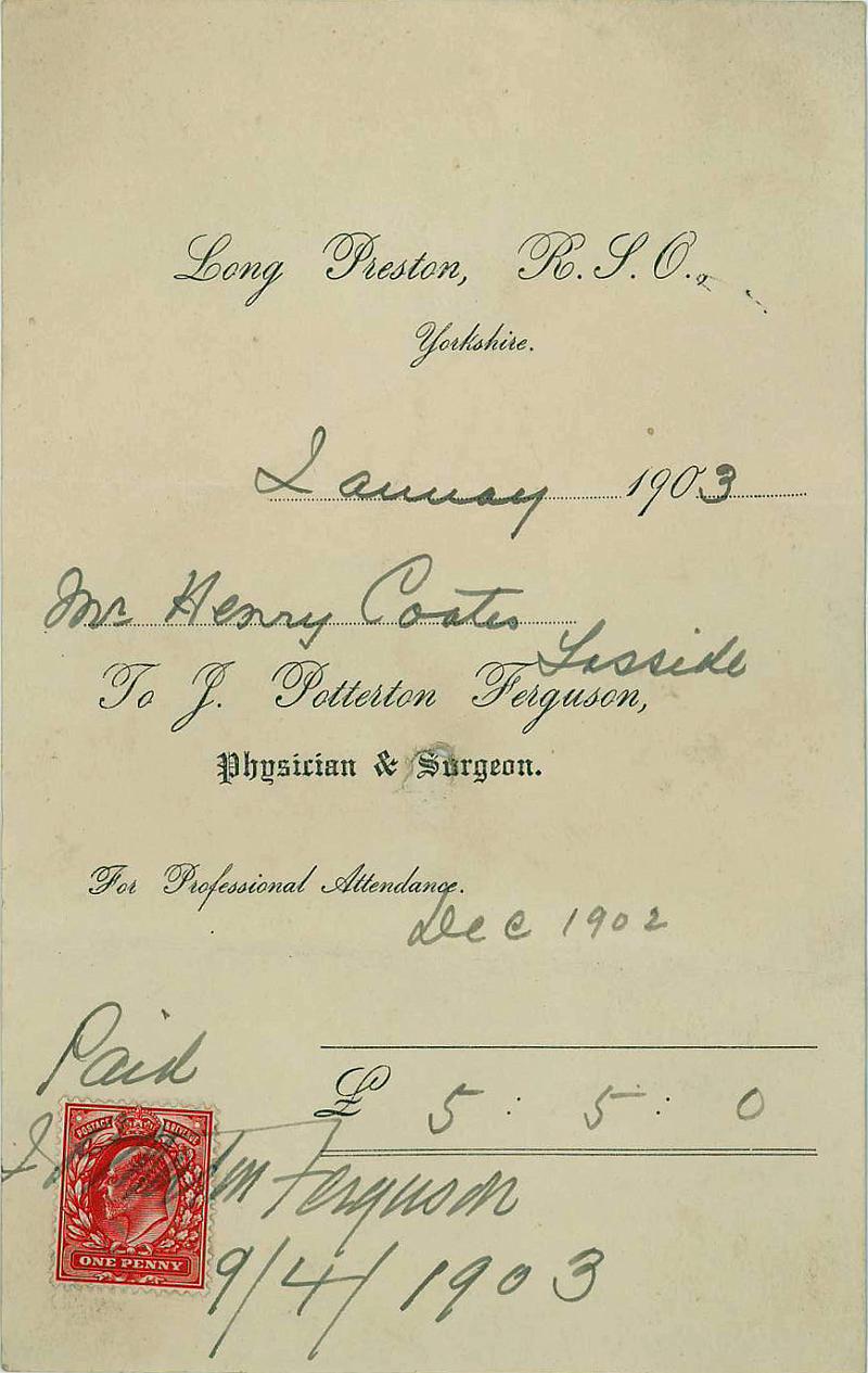 Bill for doctor 1903.jpg - Bill to Mr Henry Coates at Tosside for attendance in Dec 1902 by Doctor J Potterton Ferguson - January 1903